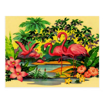 PRETTY PINK FLAMINGOS IN TROPICAL FOREST POSTCARD postcards