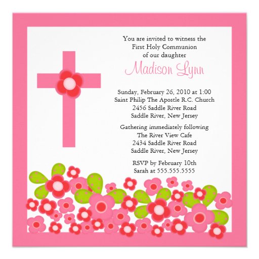 Pretty Pink Flowers & Cross First Holy Communion Invites