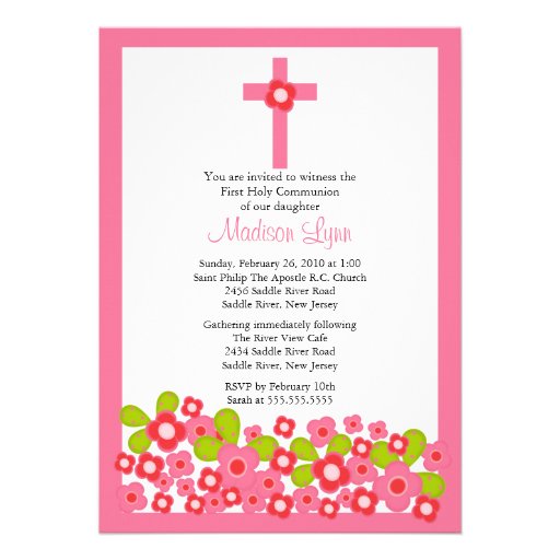 Pretty Pink Flowers & Cross First Holy Communion Invites