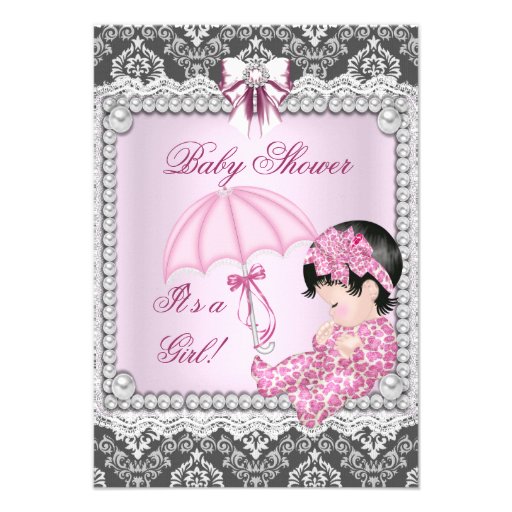 Pretty Pink Gray Girl Baby Shower Damask Custom Invitations