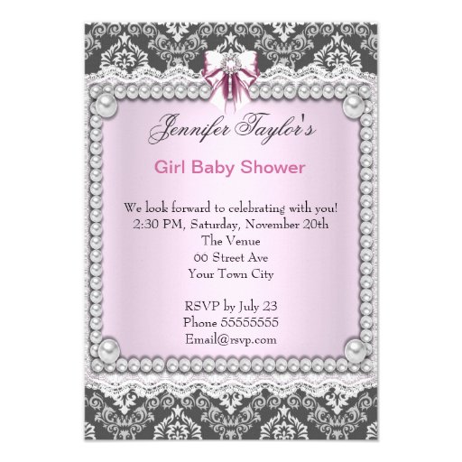 Pretty Pink Gray Girl Baby Shower Damask Custom Invitations