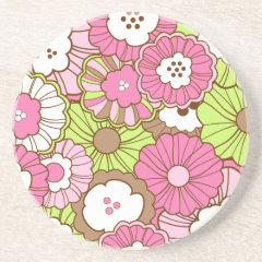 Pretty Pink Green Flowers Spring Floral Pattern Coaster