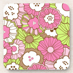 Pretty Pink Green Flowers Spring Floral Pattern Beverage Coaster