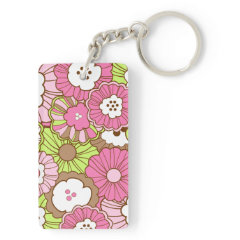 Pretty Pink Green Flowers Spring Floral Pattern Keychain