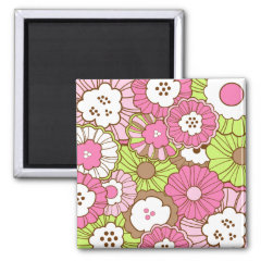 Pretty Pink Green Flowers Spring Floral Pattern Refrigerator Magnet