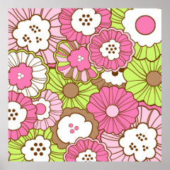 Pretty Pink Green Flowers Spring Floral Pattern Posters