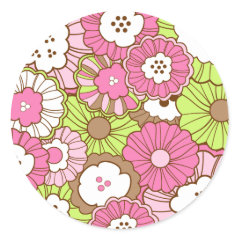 Pretty Pink Green Flowers Spring Floral Pattern Round Stickers