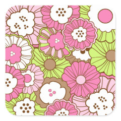 Pretty Pink Green Flowers Spring Floral Pattern Square Sticker