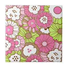 Pretty Pink Green Flowers Spring Floral Pattern Ceramic Tiles