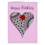Pretty Pink Lace Heart Red Rose Birthday Card