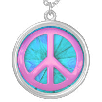 Pretty Pink Over Blue Peace Sign Necklace