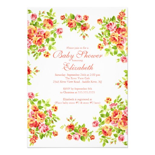 Pretty Pink Peach Rose Floral BabyShower Personalized Invitation