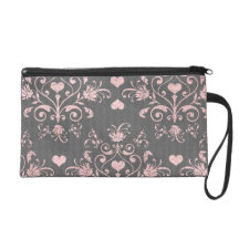pretty pink romantic heart damask on vintage grey wristlets
