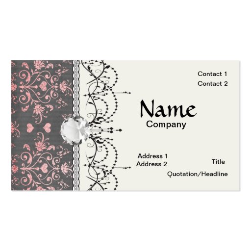 pretty pink romantic heart damask on vintage grey business card template (front side)