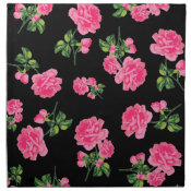 Hot Pink roses pattern on black floral cloth napkins