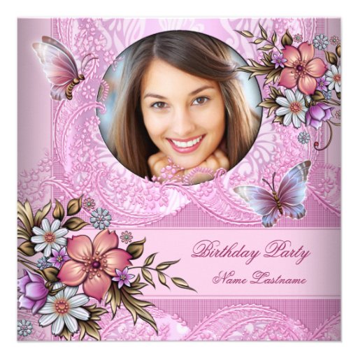 Pretty Pink White Butterfly Flowers Birthday Party Custom Invite