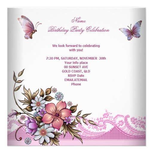 Pretty Pink White Butterfly Flowers Birthday Party Custom Invite