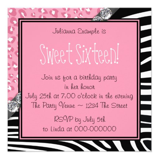 Pretty Pink Zebra and Leopard Sweet 16 Party Custom Invitations