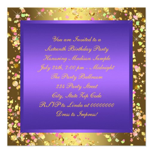 Pretty Purple and Gold Sweet Sixteen Party Invite