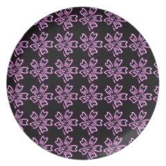 Pretty Purple Flower Art on Black Floral Pattern Dinner Plates