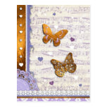 Pretty Purple & Gold butterflies & music collage postcards