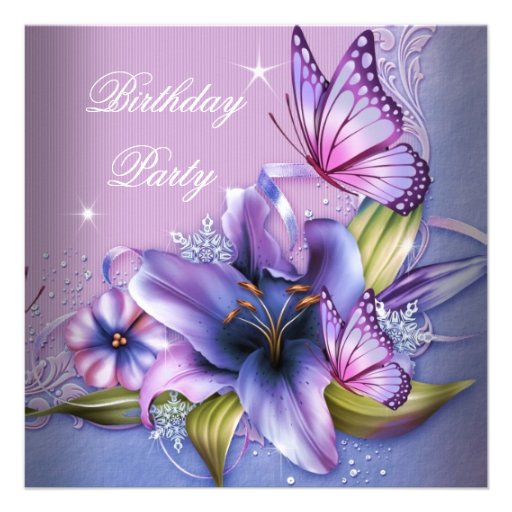Pretty Purple Pink Butterfly Flowers Birthday Custom Invite
