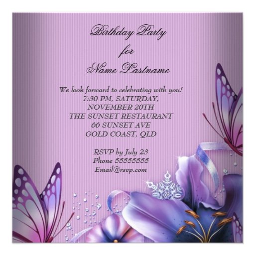 Pretty Purple Pink Butterfly Flowers Birthday Custom Invite