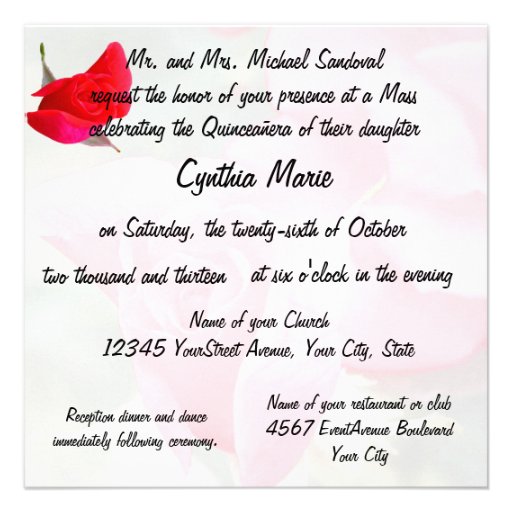 Pretty Red Rose Quinceanera Birthday Personalized Invitation