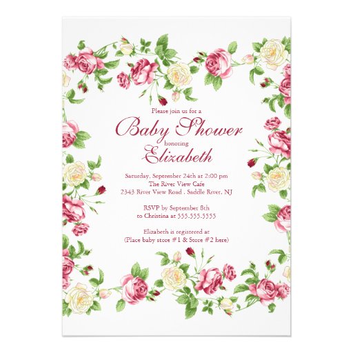 Pretty Red & White Rose Floral Girl Baby Shower Invite