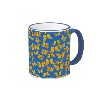 Pretty Ringer Mug, Golden Butterflies on Sky Blue
