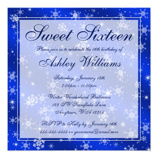 Pretty Snowflakes Blue Winter Wonderland Sweet 16 Custom Invite