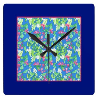 Pretty Square Wall Clock, Spring Blossoms, Blue