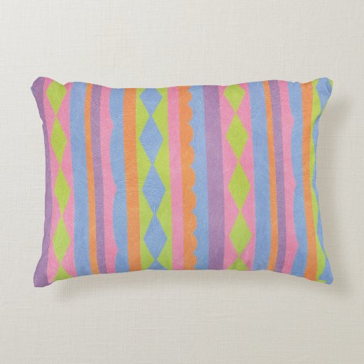 Pretty striped blue pink yellow green and purple decorative pillow Zazzle