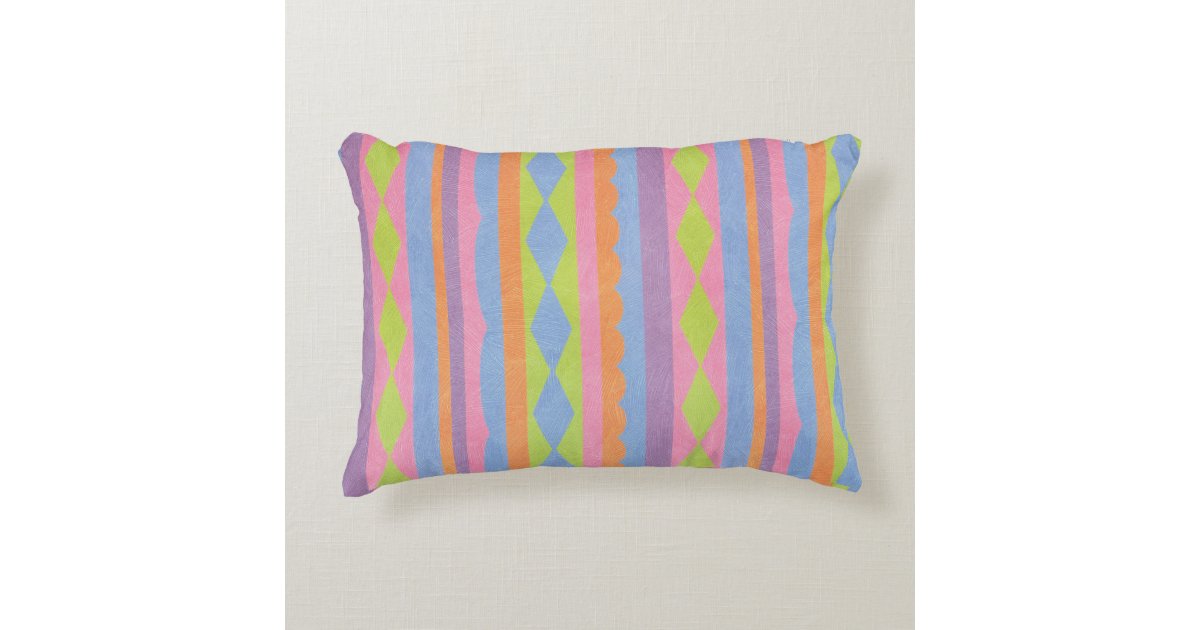 Pretty striped blue pink yellow green and purple decorative pillow Zazzle
