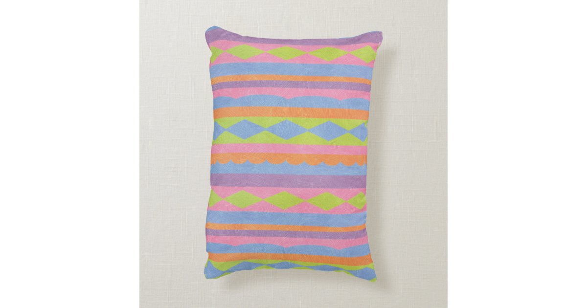 Pretty striped blue pink yellow green and purple decorative pillow Zazzle