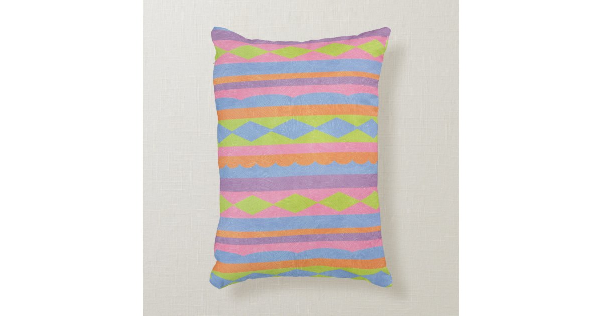Pretty striped blue pink yellow green and purple decorative pillow Zazzle