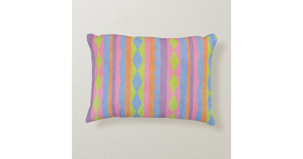 Pretty striped blue pink yellow green and purple decorative pillow Zazzle