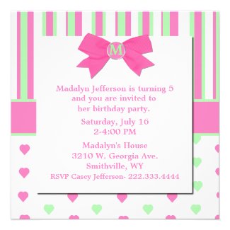 Pretty Stripes & Hearts Birthday Party Invitation