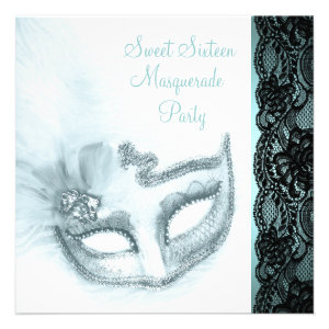Pretty Sweet Sixteen Teal Blue Masquerade Party Personalized Invitations
