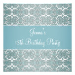Pretty Teal Blue Damask 13th Birthday Party Invites