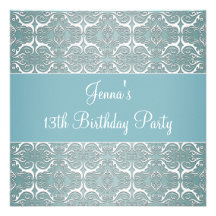 Pretty Teal Blue Damask 13th Birthday Party Invites