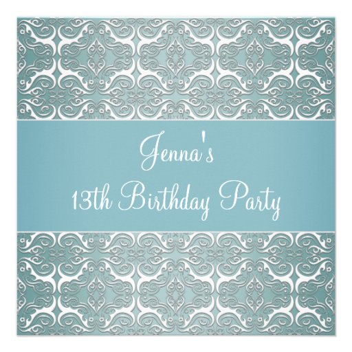 Pretty Teal Blue Damask 13th Birthday Party Invites