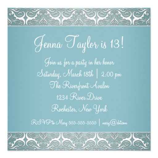 Pretty Teal Blue Damask 13th Birthday Party Invites