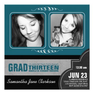 Pretty Teal Blue Double Photo Graduation Custom Invites
