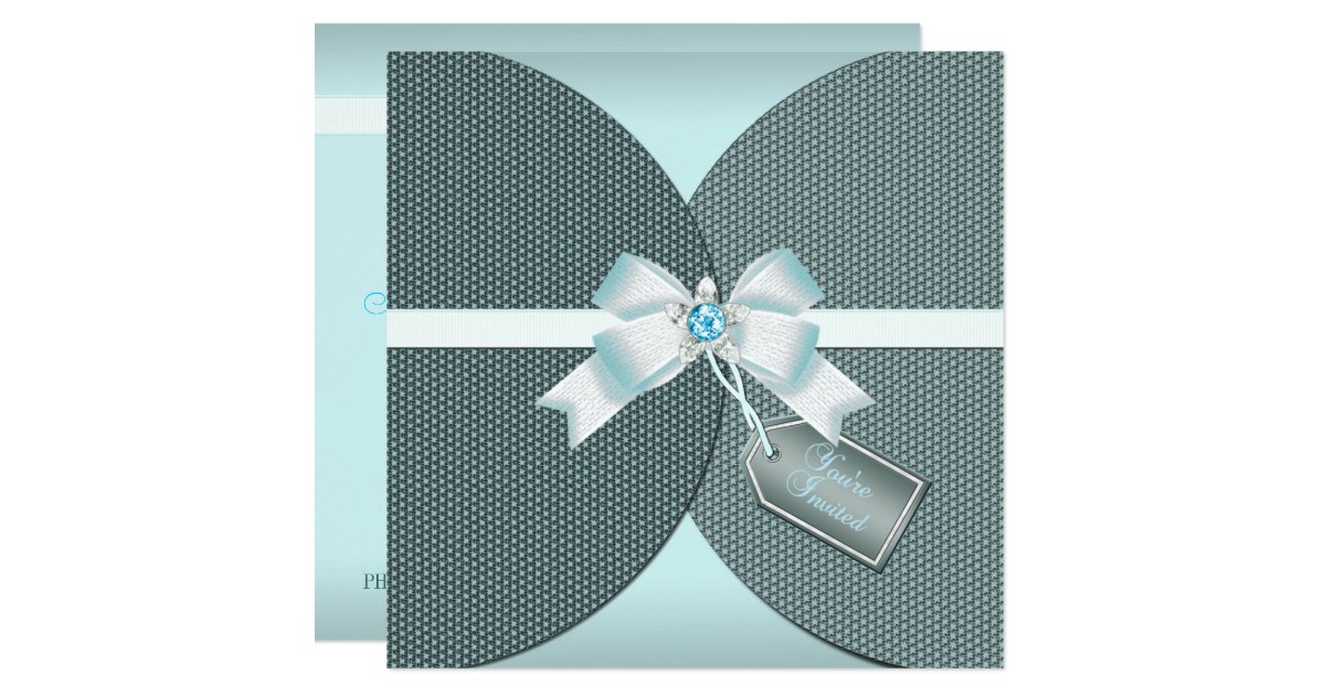 Pretty Teal Invite With Ribbon And Jeweled Bow Zazzle