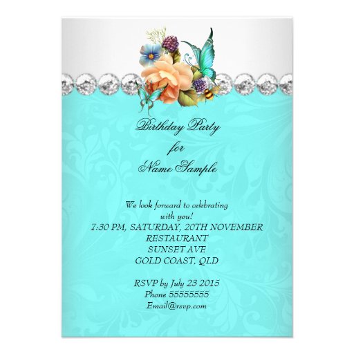 Pretty Teal Peach Roses Butterfly Birthday Party Personalized Announcements
