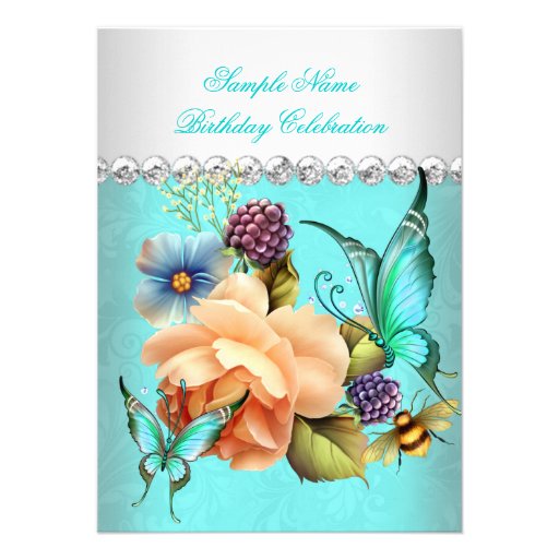 Pretty Teal Peach Roses Butterfly Birthday Party Personalized Announcements