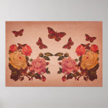 Pretty Vintage Pink Roses and Butterflies Collage Print