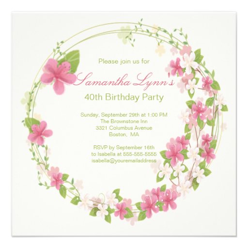 Pretty Watercolor Flower Wreath Birthday Party Custom Invite