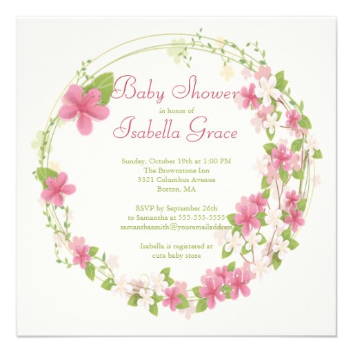 Pretty Watercolor Pink Floral Wreath Baby Shower Personalized Announcement